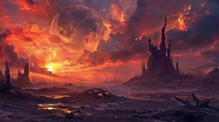 Fantasy landscape with a fantasy castle on the planet