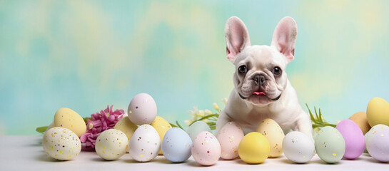 A charming ejoteFrench Bulldog puppy amongst a pastel palette of Easter eggs, a picture of playful innocence.