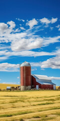 Fototapeta na wymiar Rustic Serenity: A Picturesque Agricultural Landscape with Red Barns, Green Fields, and a Vintage Wooden Silo in the Wisconsin Countryside
