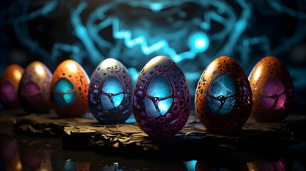 Composition with fantastic futuristic Easter eggs on a dark space background. Copy space.