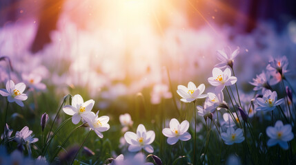 Abstract natural spring background light rosy dark meadow flowers closeup with sun rays and light. - Powered by Adobe