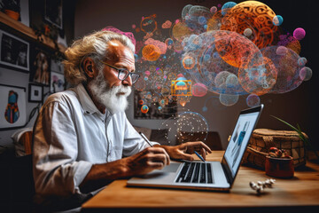 Thoughtful aged professor working oncomputer with virtual mind map, symbolizing knowledge and learningю