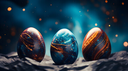 Composition with fantastic futuristic Easter eggs on a dark space background. Copy space. - obrazy, fototapety, plakaty