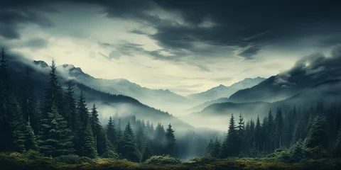 Fotobehang Mysterious dark forest with foggy weather with trees and mist thick dark clouds panoramic view Adventure outdoor Nature Disaster. © abuhurarah