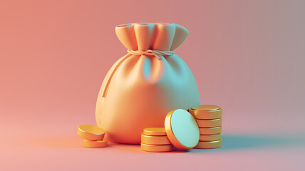 3d Money Pouch and coins, online payment, bank, finance investment, money wallet, cashback. saving money concept. 3d icon render illustration, cartoon minimal style.