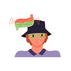 Man with toxic substance near head vector illustration. Cartoon isolated young angry guy in hat with negative bad emotion and thinking, person suffering from green liquid and bile overflowing brain