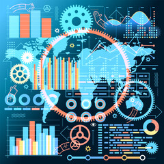 Business background. Template with graphs, diagrams, gears, hands and a world map.