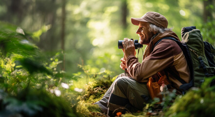 Seasoned hiker in a forest, using binoculars to witness the secrets of nature, Birdwatcher - obrazy, fototapety, plakaty