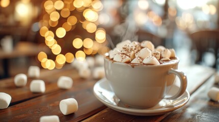 Obraz na płótnie Canvas Cozy Winter Hot Chocolate. Hot chocolate with marshmallows, warm festive lights.