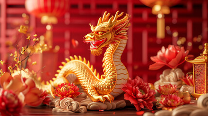 Fototapeta premium 3d rendering illustration background for happy chinese new year 2024 the dragon zodiac sign with red and gold color, flower, lantern, and asian elements. Translation : year of the dragon 2024 