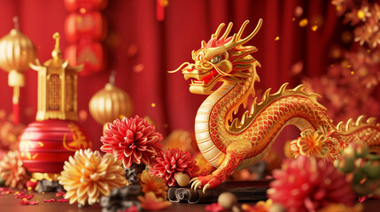 3d rendering illustration background for happy chinese new year 2024 the dragon zodiac sign with red and gold color, flower, lantern, and asian elements. Translation : year of the dragon 2024 