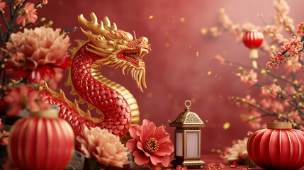 3d rendering illustration background for happy chinese new year 2024 the dragon zodiac sign with...