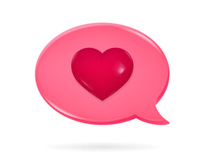 3d icon of a pink speech bubble with red heart on it. Love chat. New message textbox. Happy Valentine's Day, Mother's Day, Women's Day.