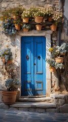 Fototapeta na wymiar door with flowers in pots, Blue Wooden Door to a Building