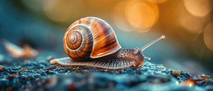 Close up Snail Muller gliding on nature background. Large white mollusk snails with brown striped shell, crawling on vegetables. Helix pomatia, Land, Burgundy, Roman, escargot.