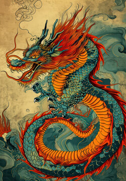 Dragon, Symbol of Traditional Chinese Culture: Asian Mythical Creature Illustration on Red and Gold Background