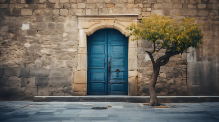 Fototapeta na wymiar old door in the town, Blue Wooden Door to a Building