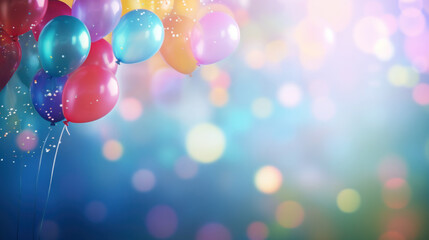 Festive Celebration: Colorful Balloons with Sparkling Bokeh Background, Invitation, or Announcement - Horizontal  Poster or Sign with Open Empty Copy Space for Text 
 - obrazy, fototapety, plakaty