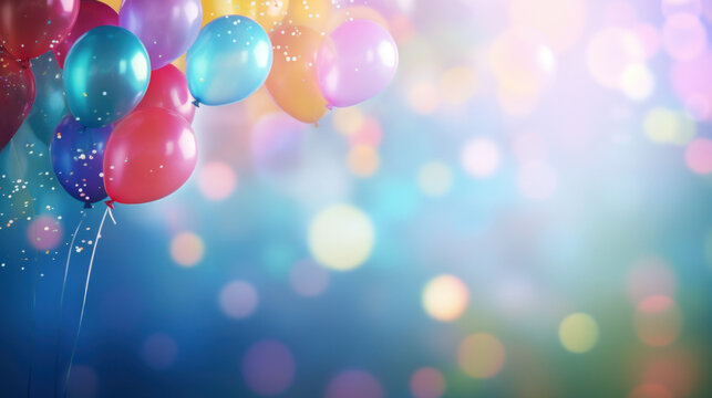 Festive Celebration: Colorful Balloons with Sparkling Bokeh Background, Invitation, or Announcement - Horizontal  Poster or Sign with Open Empty Copy Space for Text 
