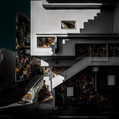 Outdoor photograph of white modernist Los Angeles apartment building with colorful abstract murals,...