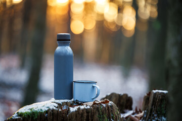 Thermos with hot drink and travel mug in forest during sunset. Refreshment on hike