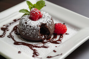 Gourmet Chocolate Lava Cake with Raspberries on Elegant Plate