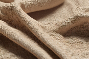 A detailed view of a textured linen fabric in earthy, natural hues. Mock up template for product presentation. 3D rendering. copy text space - obrazy, fototapety, plakaty