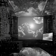 Surreal black and white illustration of a large tv screen showing a stormy cloudscape overflowing into the room, increasingly chaotic and pixilated. From the series "Emergence," “Twilight Zone.”