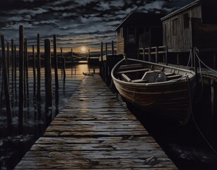 Painting of a deserted boat dock on a moonlit night, showing the water, two dockside buildings and a boat, quiet and contemplative, muted colors. From the series “Golden Age.”