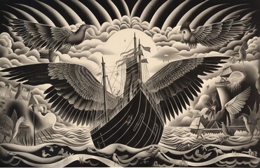 Black and white lithograph showing a fantastic panorama of a winged ship on stormy waters crowded with imaginary creatures under a sunburst with god rays - obrazy, fototapety, plakaty