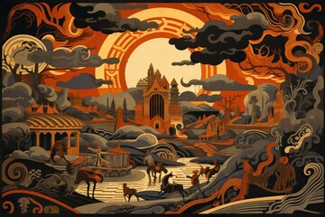Colored lithograph of a medieval fantasy landscape with stylized buildings, people and skies. From the series “Lost Cities of Central Asia.”
