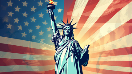 statue of liberty and american flag