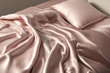 A luxurious satin bedspread in elegant, muted tones - obrazy, fototapety, plakaty