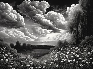 black and white lithograph of hilly flowering meadows and fields with distant forest background, dramatic cloudscape, focus stacking, precise detail. From the series “Golden Age."