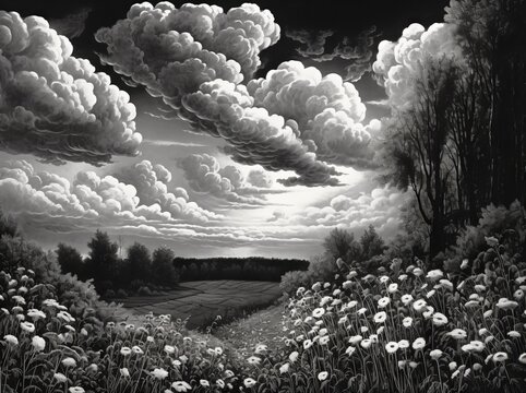 black and white lithograph of hilly flowering meadows and fields with distant forest background, dramatic cloudscape, focus stacking, precise detail. From the series “Golden Age."
