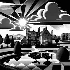 Stylized outdoor black and white linocut of English country house in faux Tudor style, reflecting pool and topiary garden underneath a sunburst and cloudy sky. From the series “The Phantom Raj.