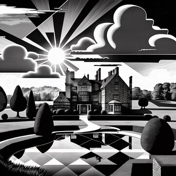 Stylized outdoor black and white linocut of English country house in faux Tudor style, reflecting pool and topiary garden underneath a sunburst and cloudy sky. From the series “The Phantom Raj."