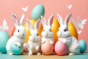 Fototapeta premium White fluffy bunnies sits on a color background next to eggs. Easter rabbits on colorful background. Cute pet studio shot. Generative Ai