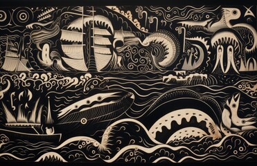 Black and white linocut of a fanciful marine scene crowded with fantastic creatures, masts and...