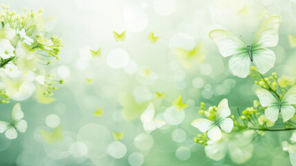 Fototapeta na wymiar Abstract natural spring background with butterflies and light green meadow flowers close-up.