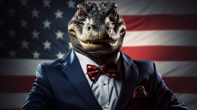 A cool aligator in a business suit and the american flag