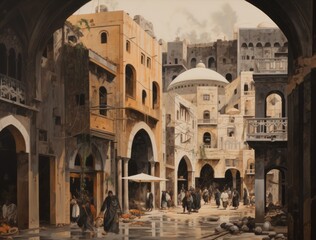Color illustration of a street scene in a middle eastern city with mixed Byzantine and Islamic architecture, balconies and sheltered arcades, full shot. From the series “Lost Cities of Central Asia."