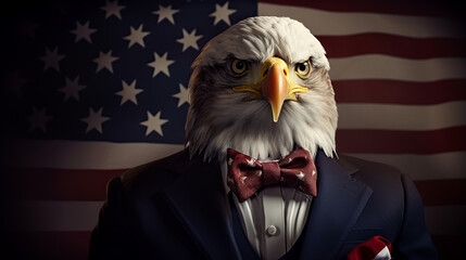 A cute bald eagle in a business suit and the american flag