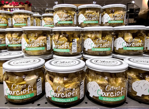  LATVIA, RIGA, 05, JANUARY, 2024: Preserved artichokes in olive oil in glass jars. Autumn vegetables canning.