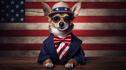 A cute dog in a business suit and the american flag - obrazy, fototapety, plakaty
