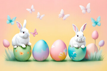 White fluffy bunnies sits on a color background next to eggs. Easter rabbits on colorful background. Cute pet studio shot. Generative Ai