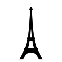 Eiffel Tower icon, black silhouette on white. Minimalist sign in stencil style. Simple vector shape for french sights illustration, graphic and web design.