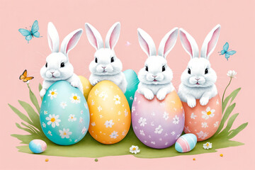 Obraz na płótnie Canvas White fluffy bunnies sits on a color background next to eggs. Easter rabbits on colorful background. Cute pet studio shot. Generative Ai