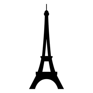 Eiffel Tower icon, black silhouette on white. Minimalist sign in stencil style. Simple vector shape for french sights illustration, graphic and web design.