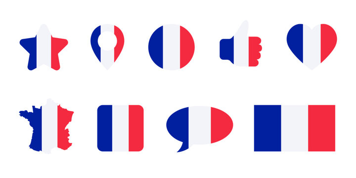 Icon set with star, heart, map, pin, speech bubble and thumb up of France flag colors. Symbols or signs isolated on white. Vector clipart, illustration of french event or national holidays.